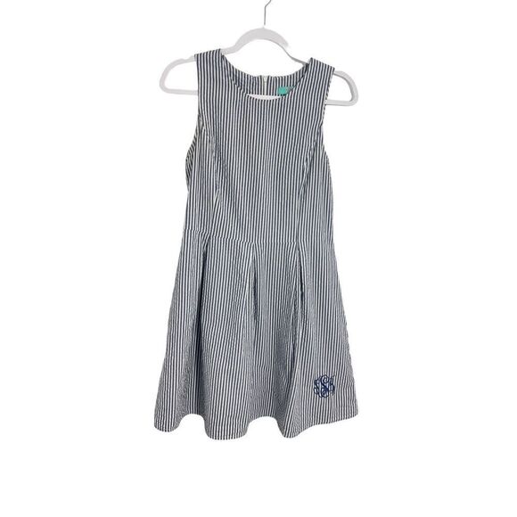 WB Seer sucker blue and white Stripped sleeveless 100% cotton dress size medium - Picture 1 of 8